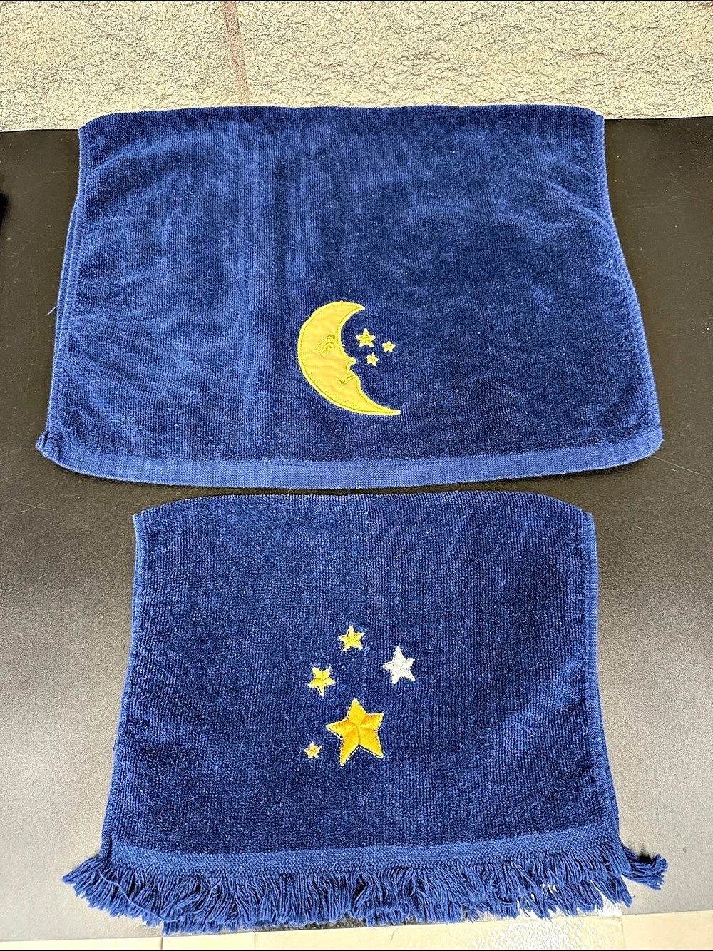 Vintage Style Blue Celestial Moon & Stars Embroidered Towels Set of 2